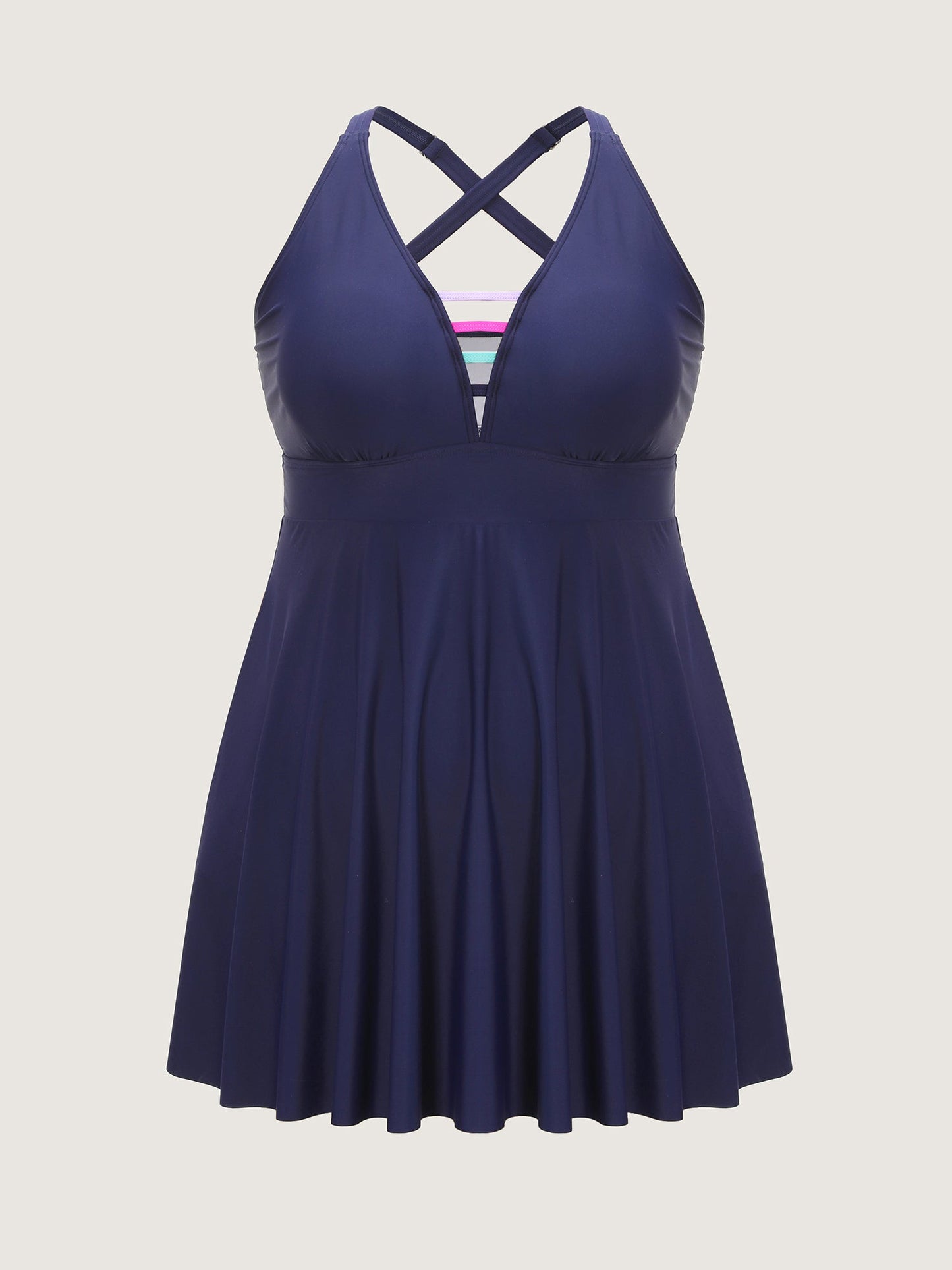 Striped Neckline Pockets Flowy Swim Dress