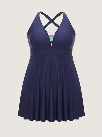 Striped Neckline Pockets Flowy Swim Dress