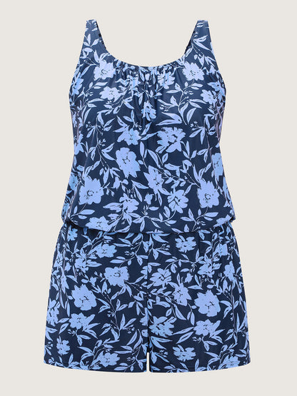plus size Tropical Flower Print Pockets One-Piece Swimsuit