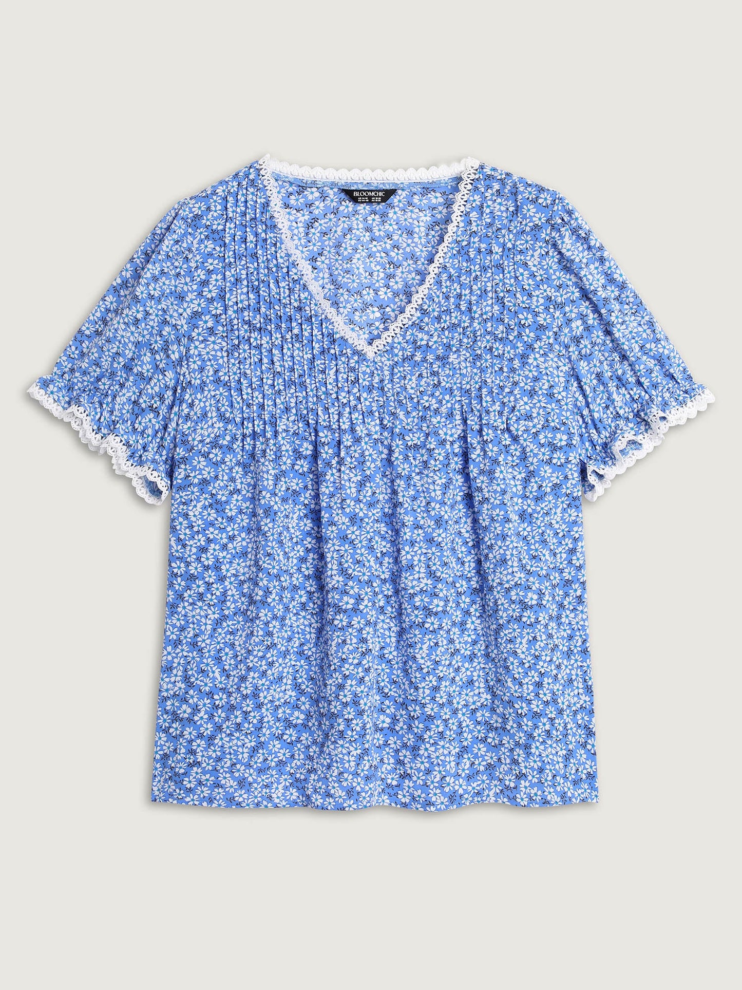 Micro Floral Print Lace Trim Blouse