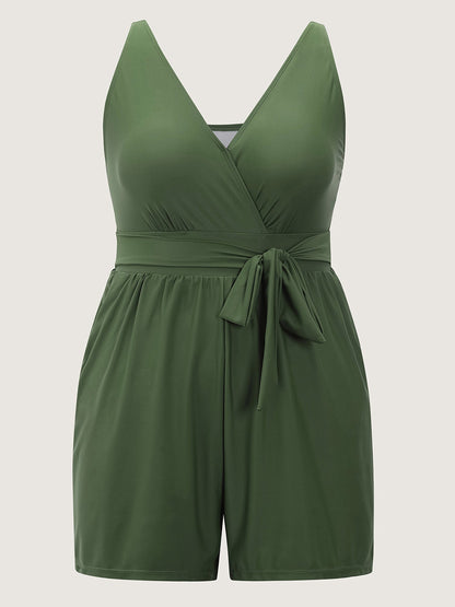 Surplice Neckline Belted Plain One-Piece Swimsuit