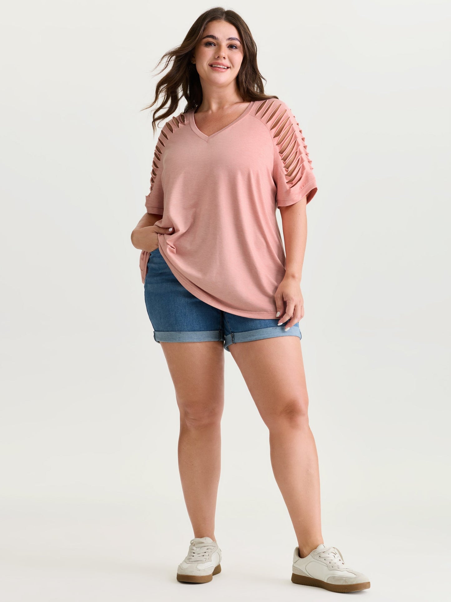 Cut-Out Sleeve V Neck T-Shirt
