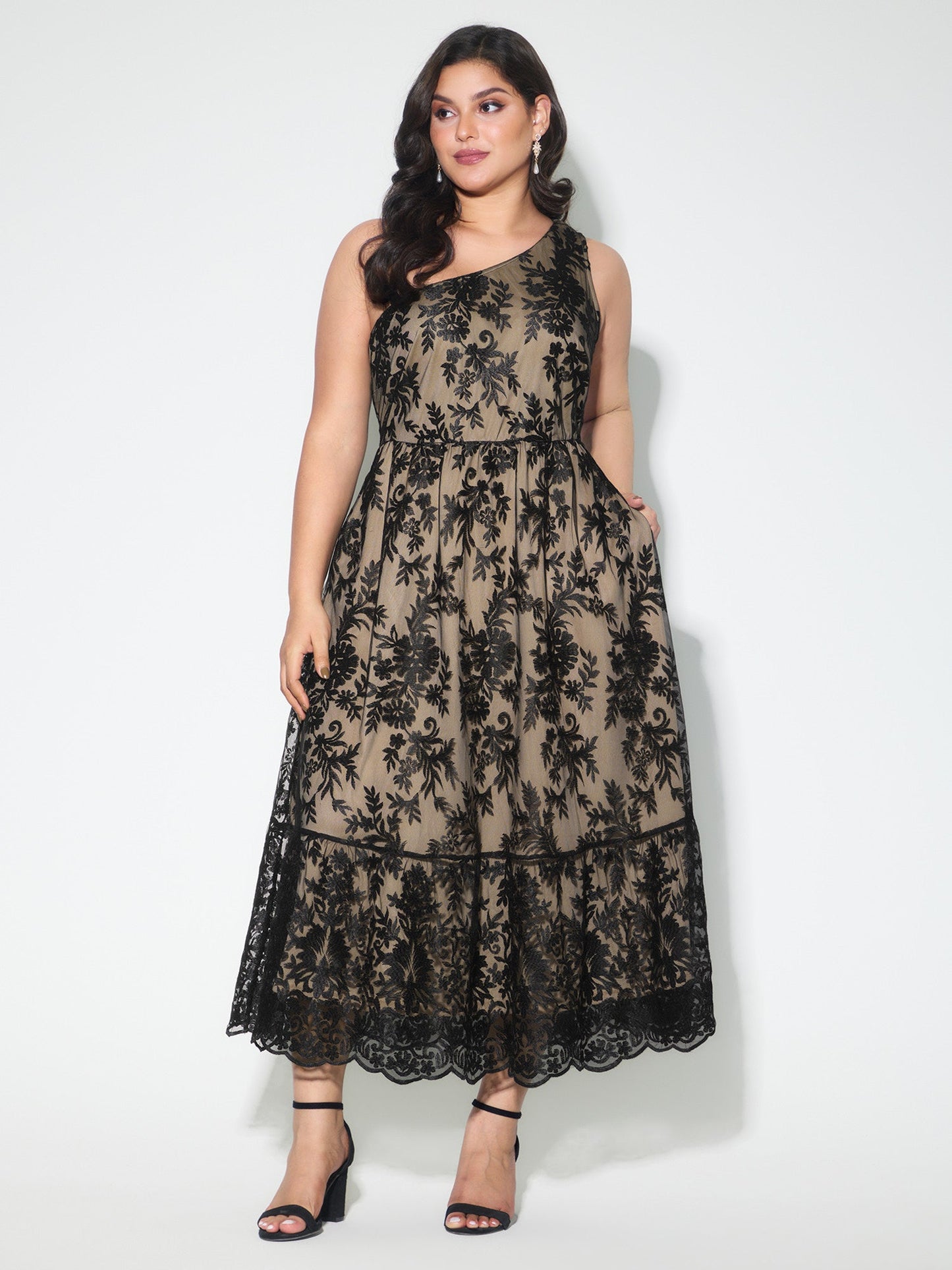 Floral One-Shoulder Waist-Defining Maxi Dress