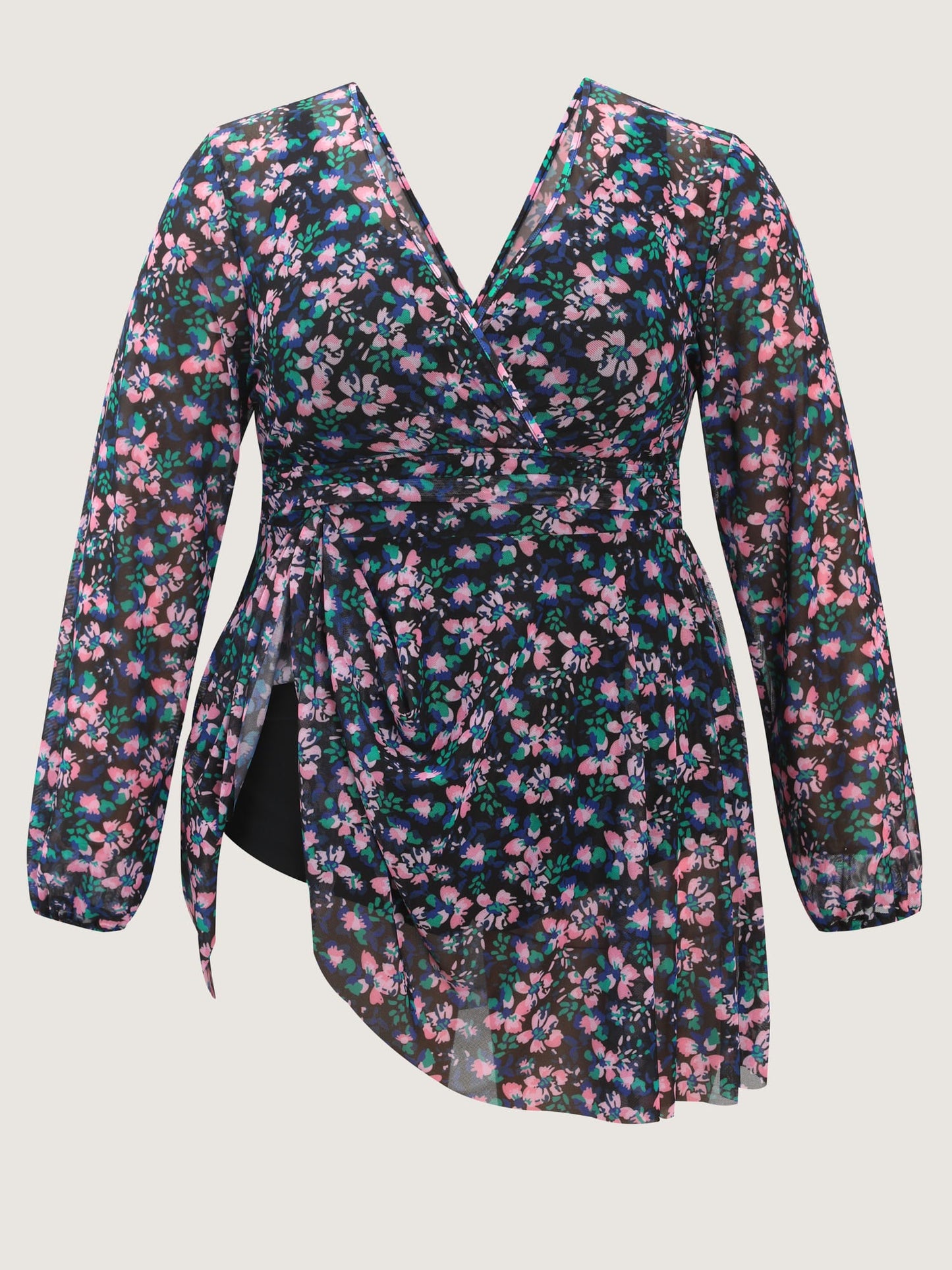 Floral Print Long Sleeve Layered Swim Dress