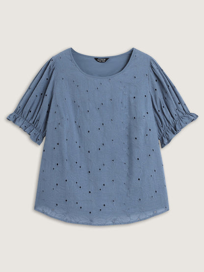 Floral Eyelet Trim Stretchy Cuff Sleeve Blouse