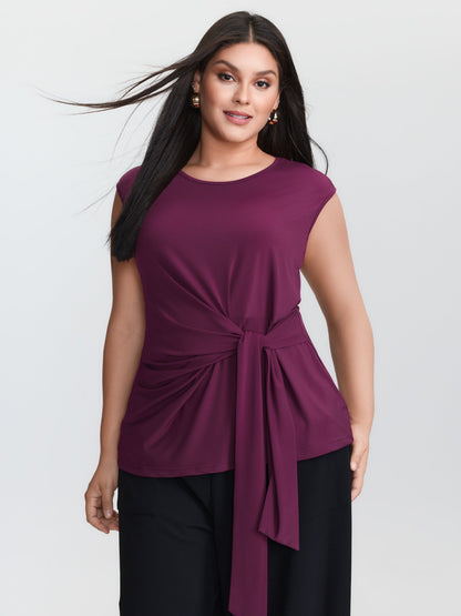 Ruched Side Knotted Plain Knit Top
