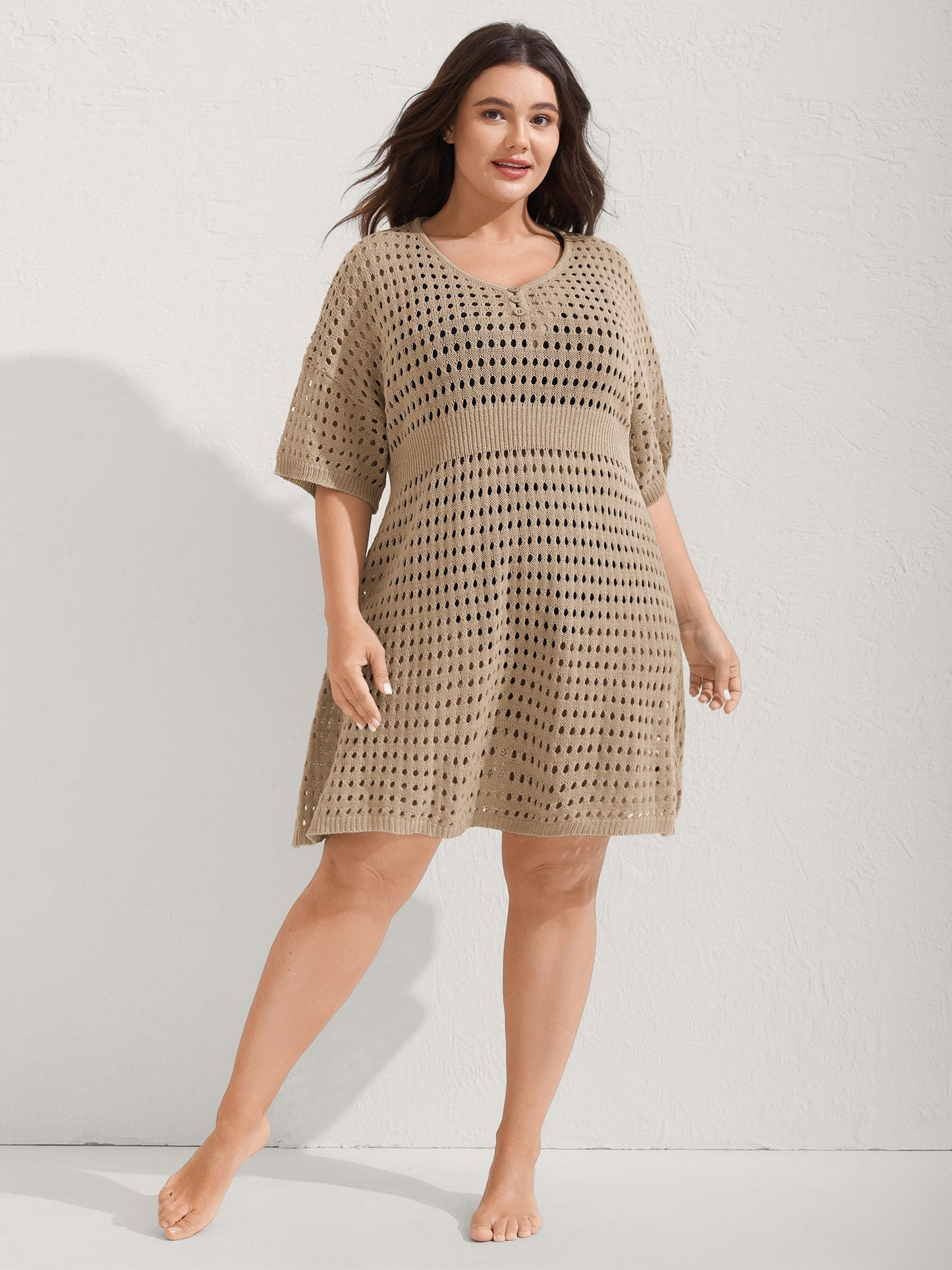 Cut-Out Waist-Cinched Button Swim Cover-Up