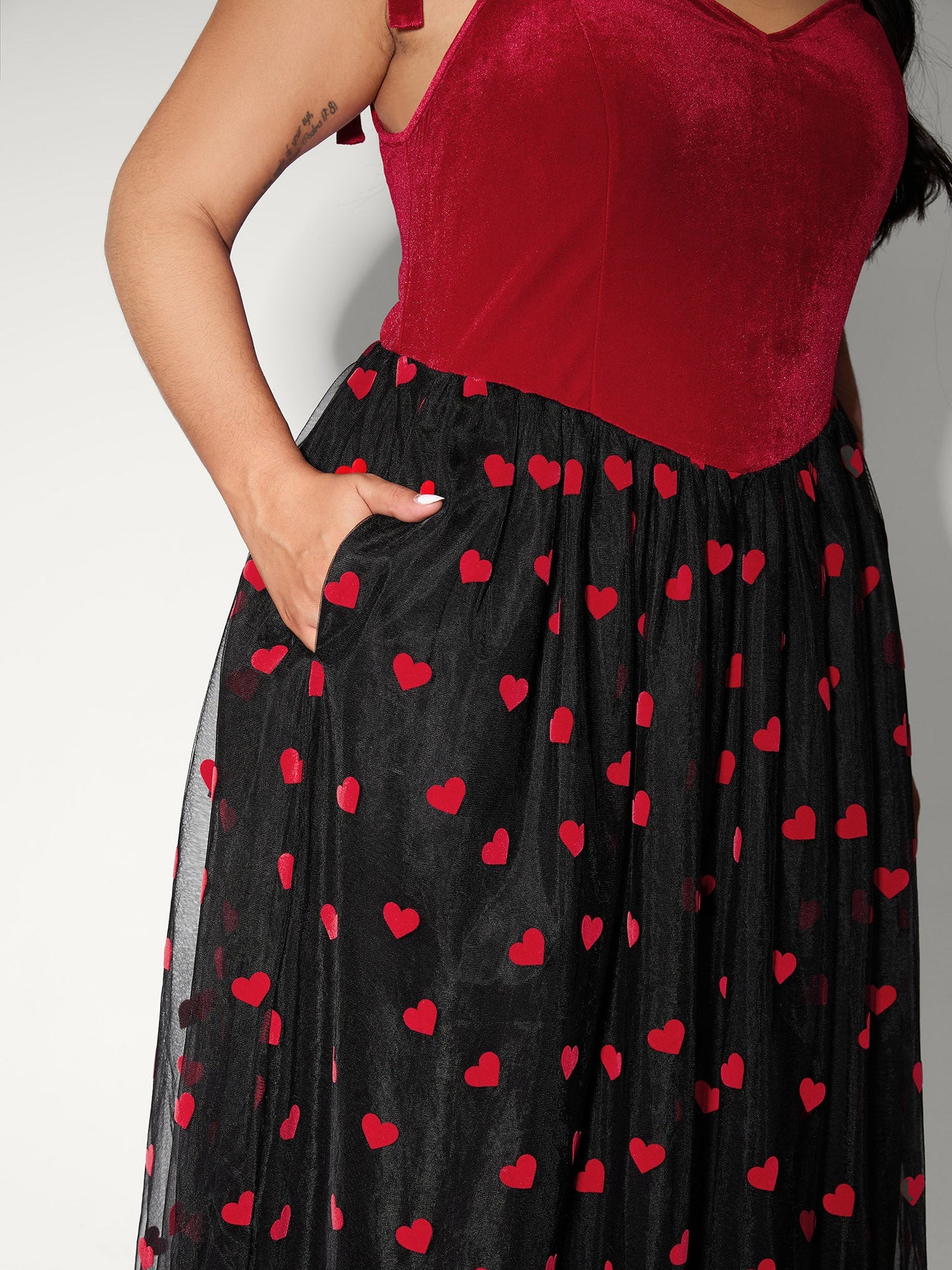 Velvet Heart Shaped Flocked Shoulder-Tie Maxi Dress