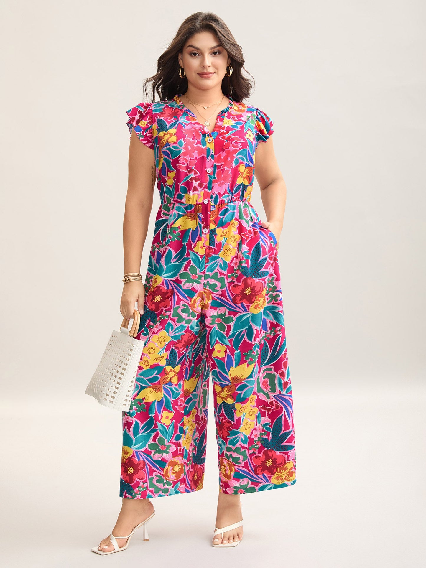 plus size Sunkissed Floral Print Button Wide-Leg Jumpsuit