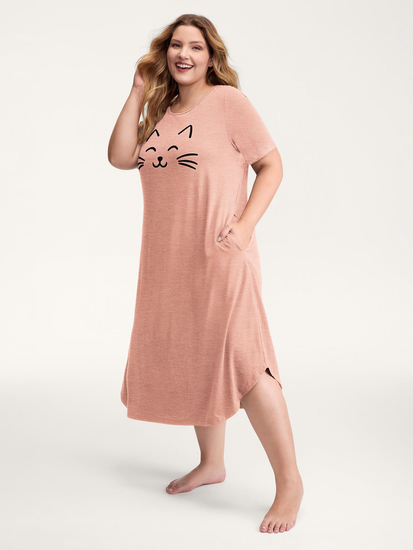 Happy Cat Print Stretchy Contrast Nightgown
