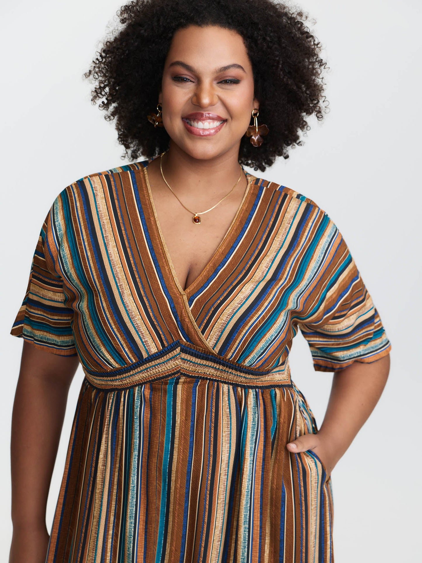 Striped Contrast Dolman Sleeve Shirred Pocket Split Flutter Dress
