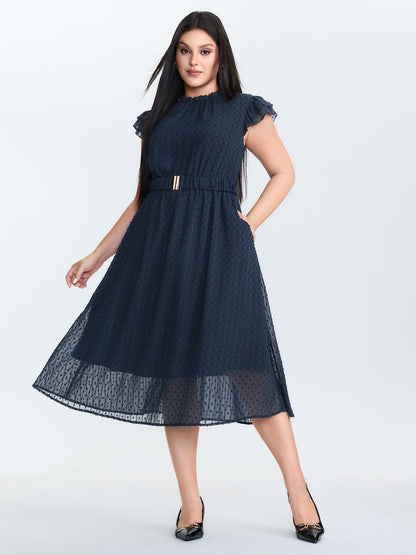 Textured Sheer Ruffled Mock Neckline Midi Dress