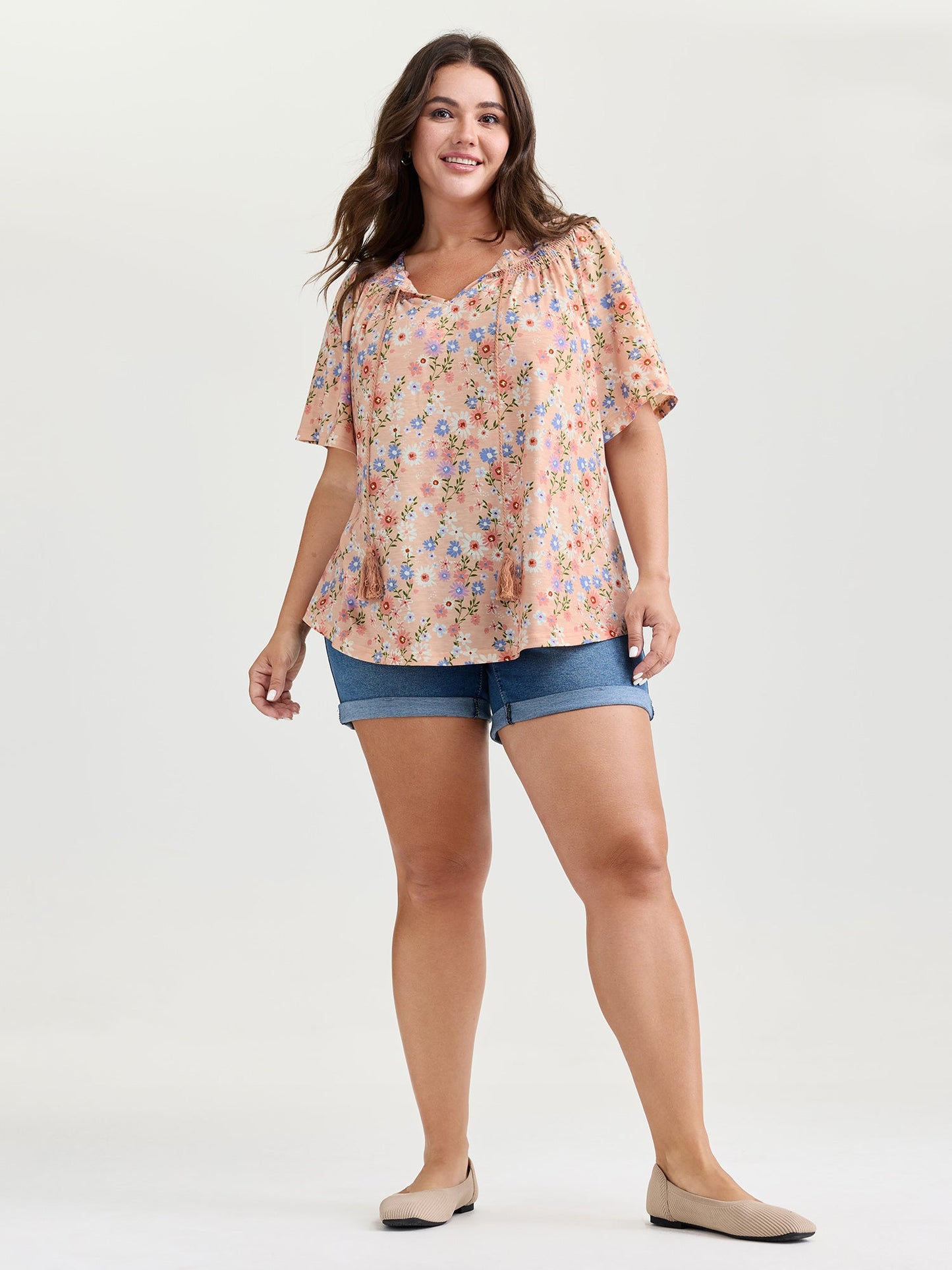 Sweet Floral Print Shirred Drawstring Neckline Top