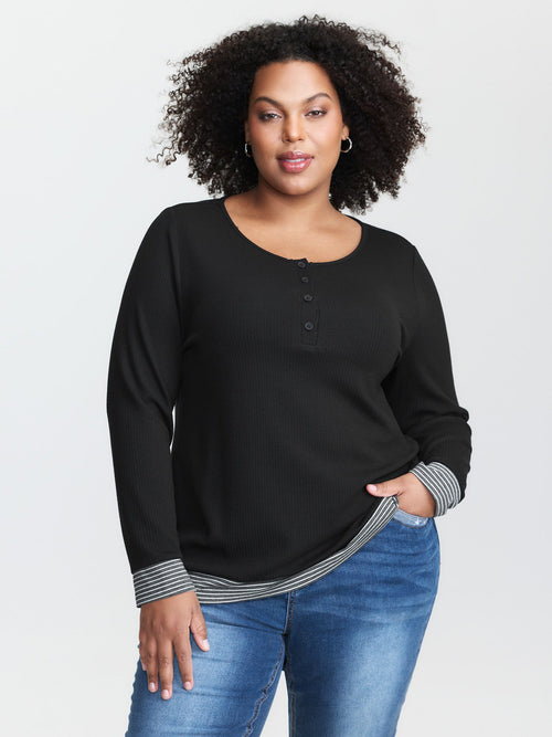 Striped Contrast Button Placket T-Shirt
