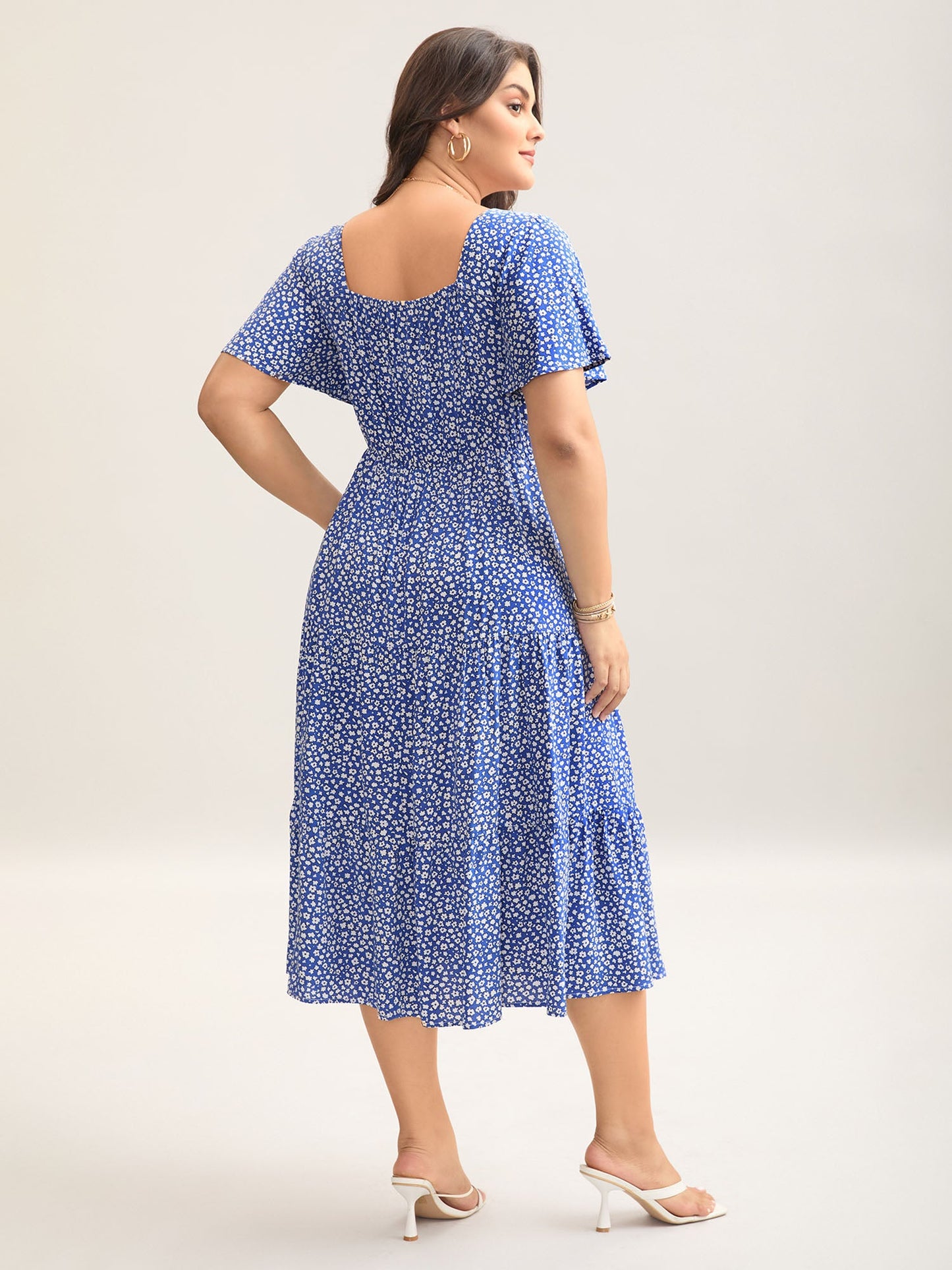 plus size Ditsy Floral Sweetheart Drawstring Pocket Tiered Dress