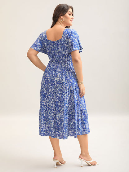 plus size Ditsy Floral Sweetheart Drawstring Pocket Tiered Dress