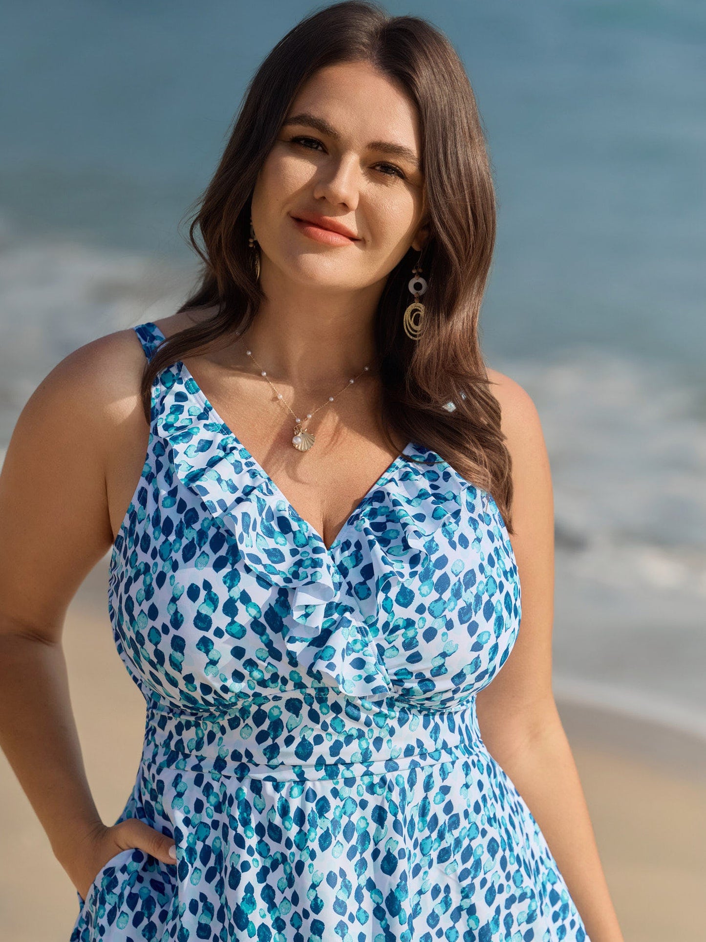 Polka Dots Print Pockets Swim Dress