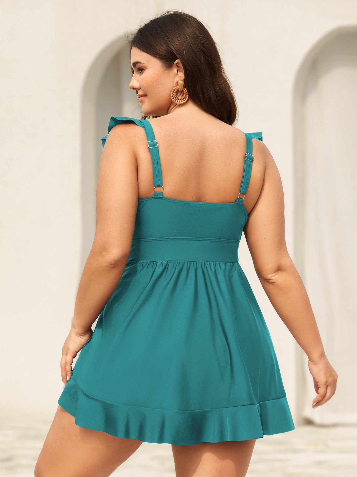 Ruffled Hem Flutter Sleeve Drawstring Swim Dress