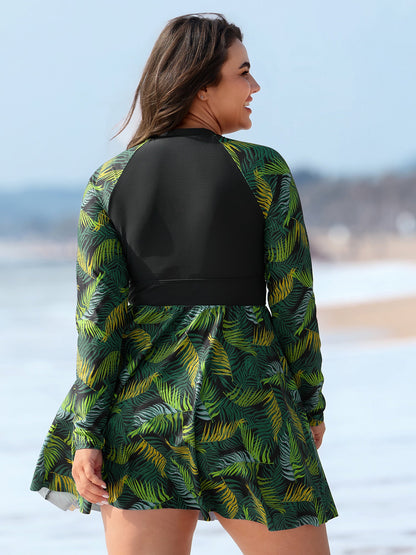 Tropical Plant Colorblock Pocket Swim Dress