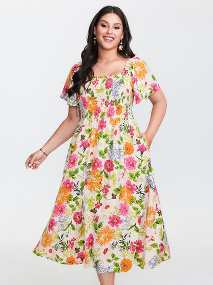 plus size Floral Shirred Square Neck Pocket Midi Dress