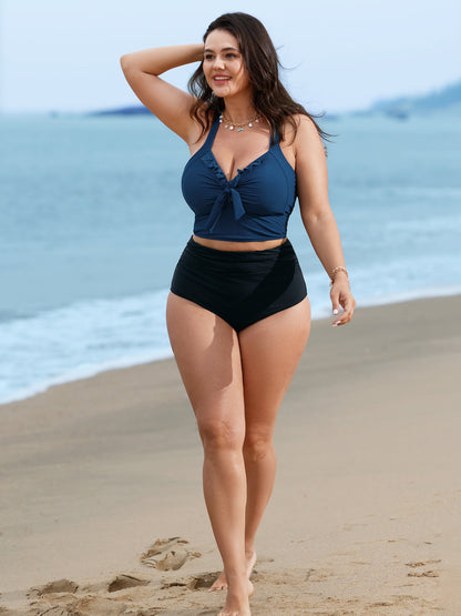 Bust Knot-Tie Ruffle Trim Supportive Swim Top
