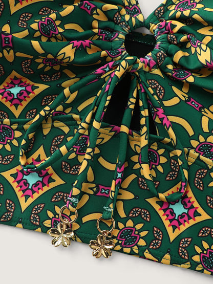 Adjustable Geometric Cut-Out Print Swim Top