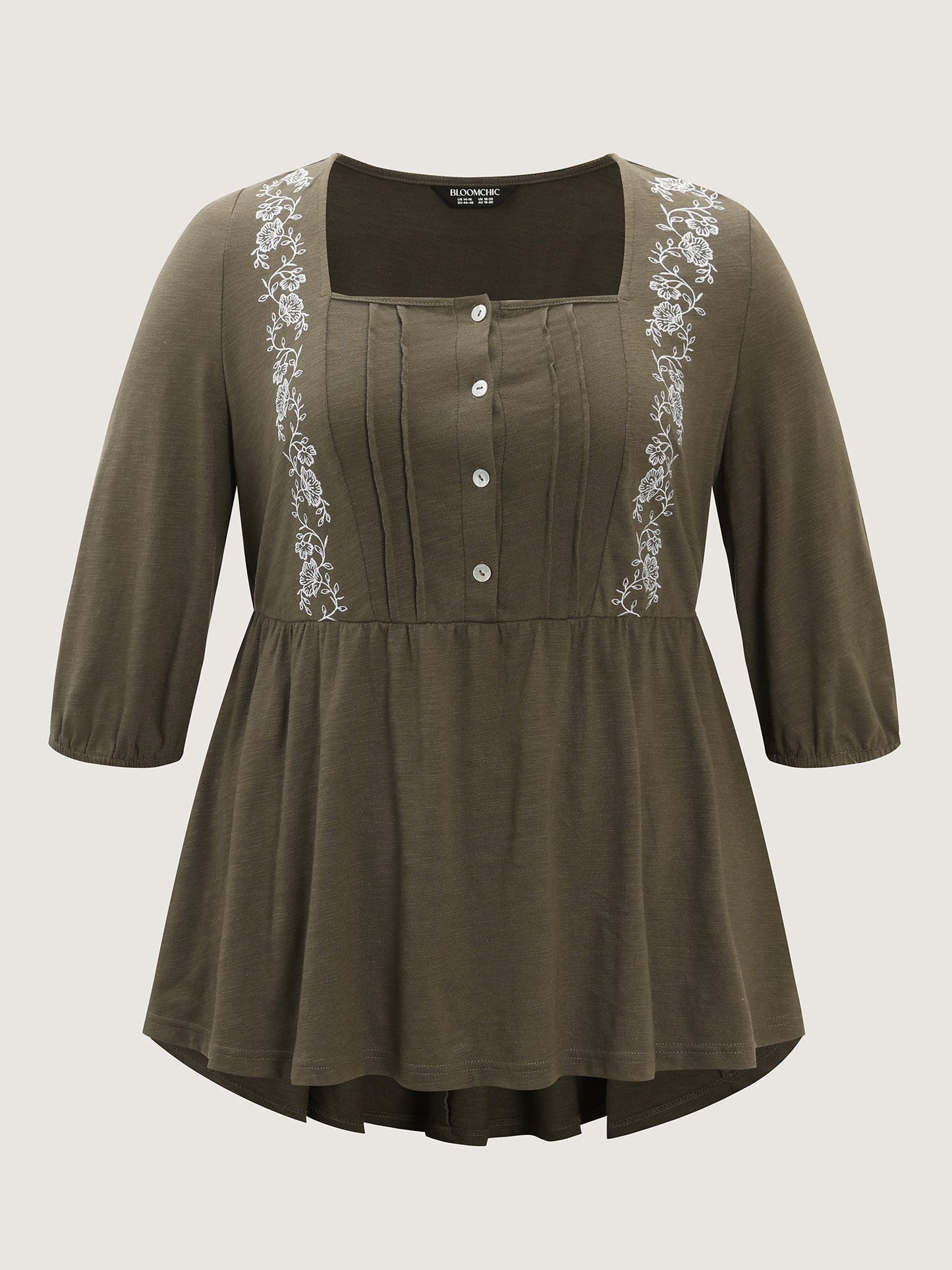 Floral Embroidered Square Neckline Button Top