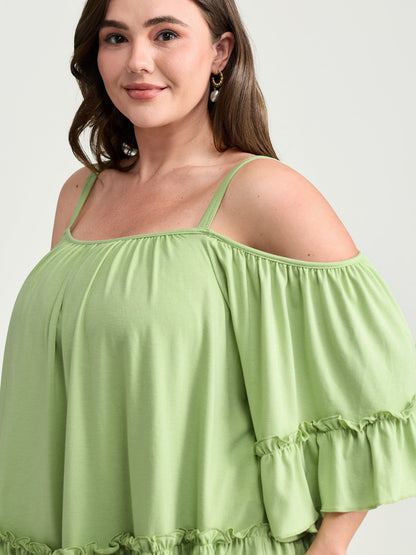 Ruffled Cut-Out Shoulder Flared Sleeve Top