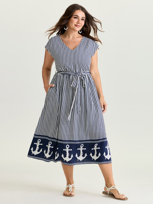 Nautical Stripe Waist-Tie Midi Dress
