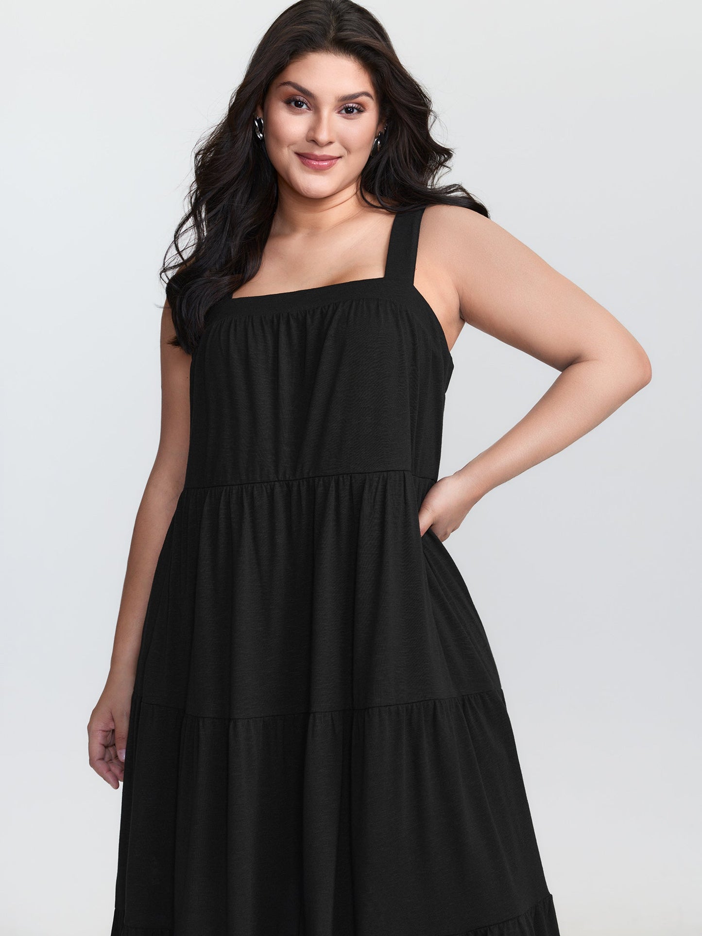 Pleated Wide-Straps Plain Midi Dress