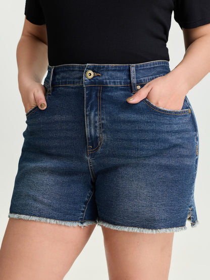 Raw Hem Stretchy Straight-Leg Denim Shorts