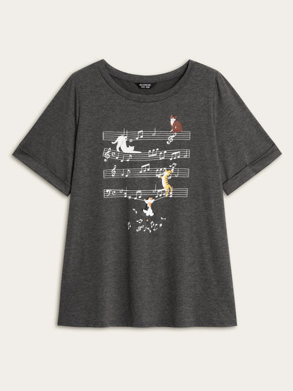 Cat Tunes Print Stretchy T-Shirt