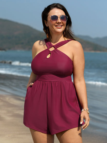 Cut-Out Neckline Cinched Waist Swim Romper