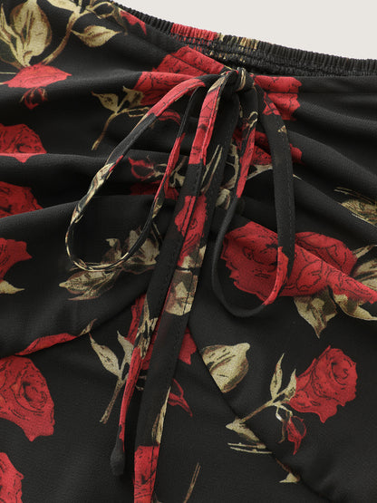 Rose Print Bustier Drawstring Midi Dress