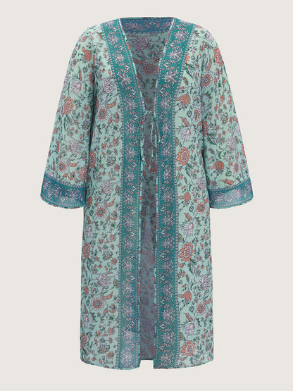 Floral Color Contrast Front-Tie Swim Cover-Up