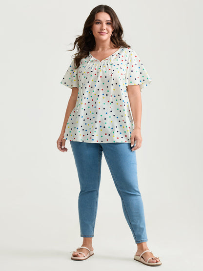 Colorful Polka Dots Drawstring Ruched Blouse