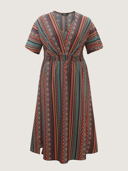 Boho Stripe Print Shirred Waist Midi Dress