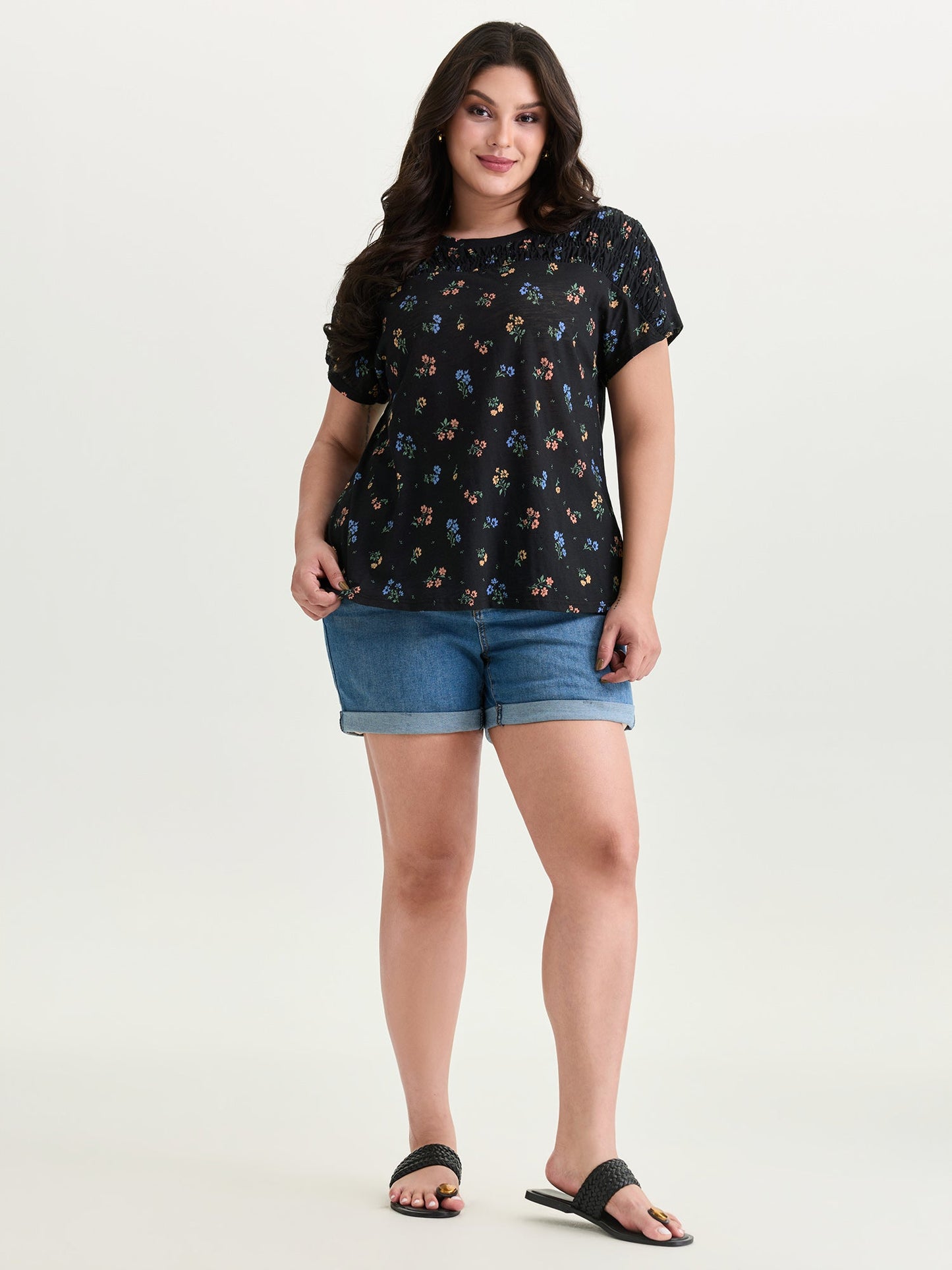 Cotton Floral Print Shirred Half-Sleeve T-Shirt
