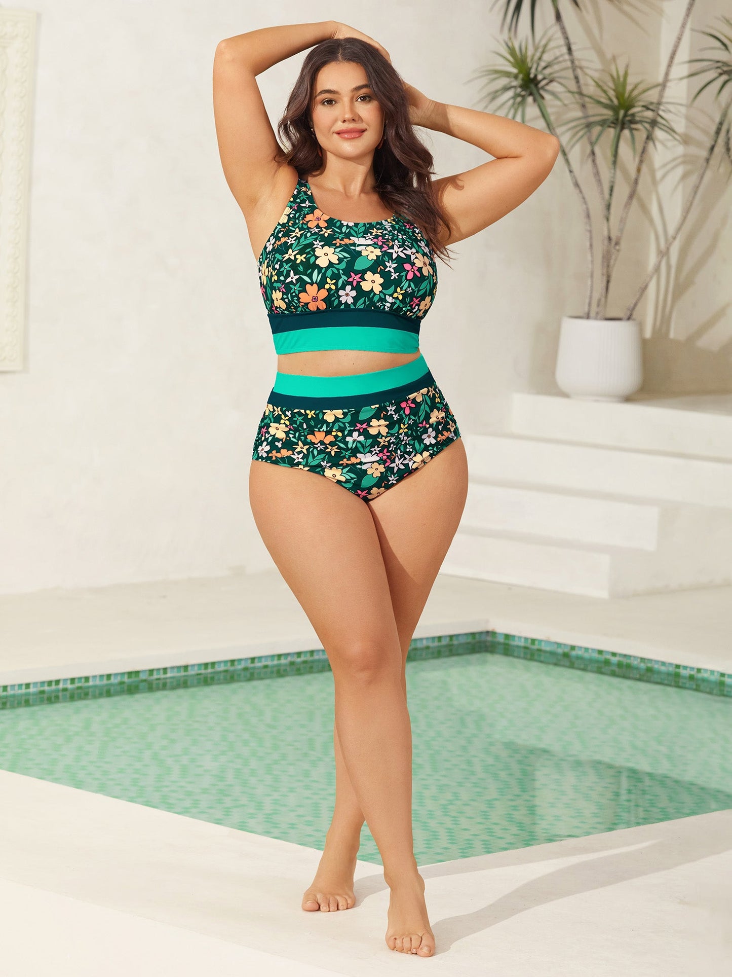 Floral Print Color Contrast Swim Bottoms