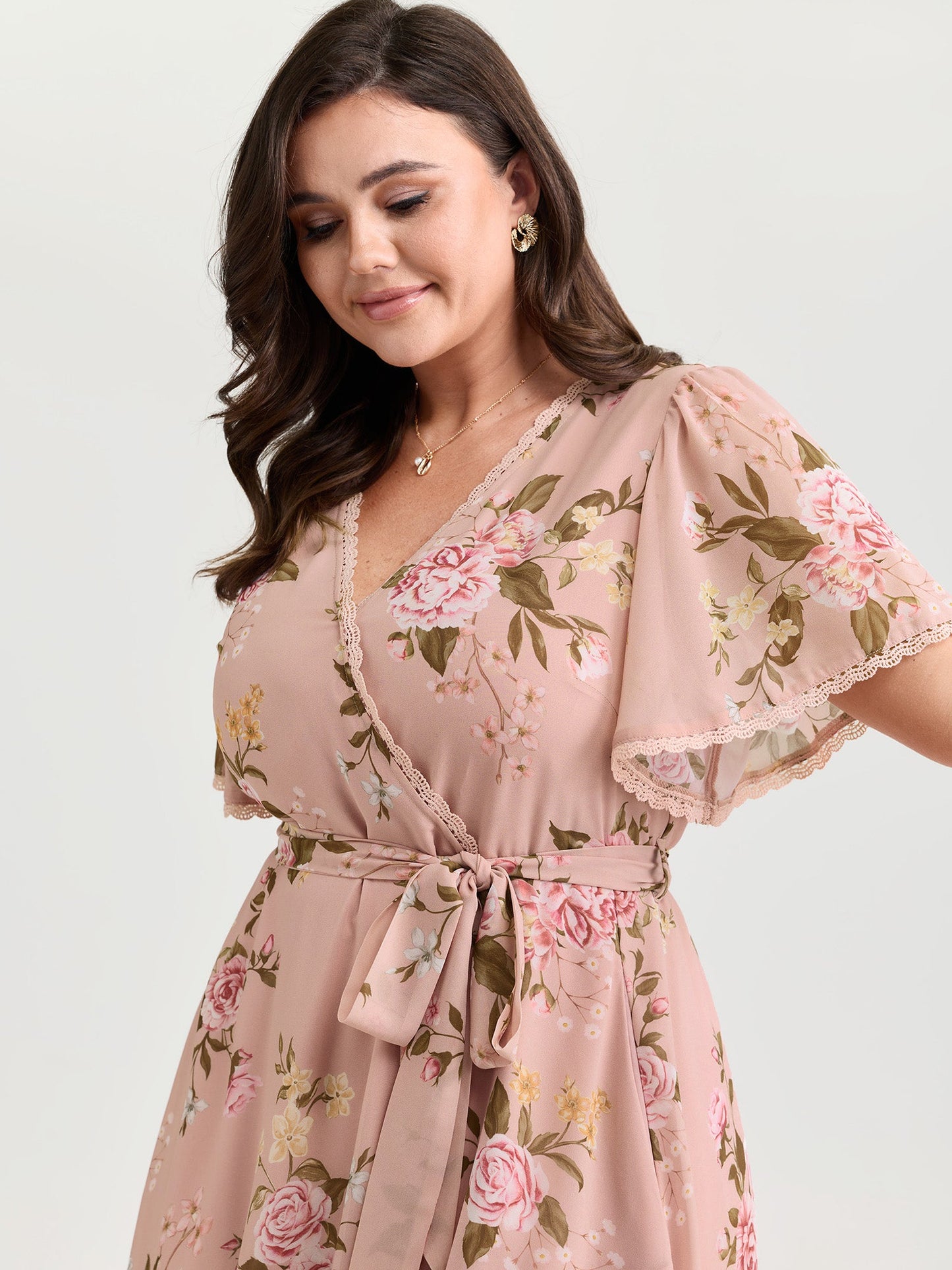 plus size  Soft Floral Print Lotus Leaf Hem Midi Dress