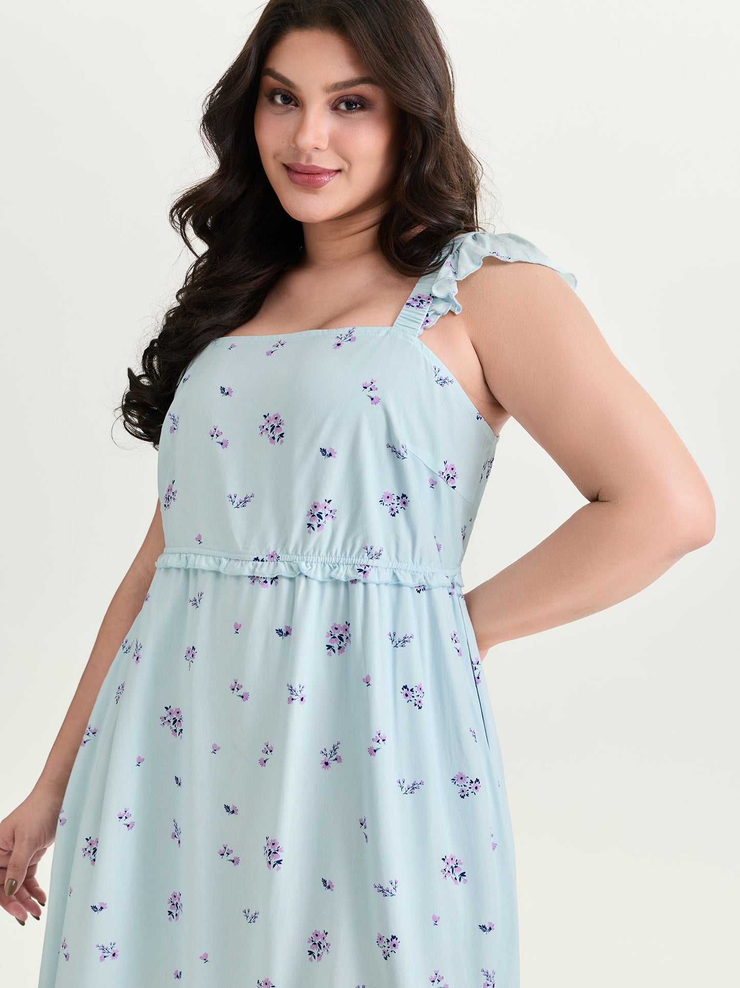 Soft Floral Print Ruffled Detail Mini Dress