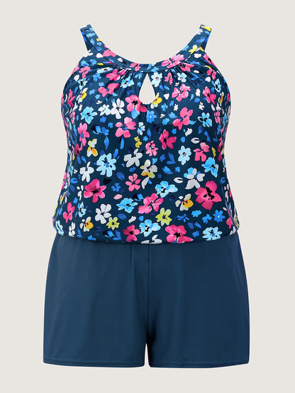 Floral Print Keyhole Pockets Swim Romper