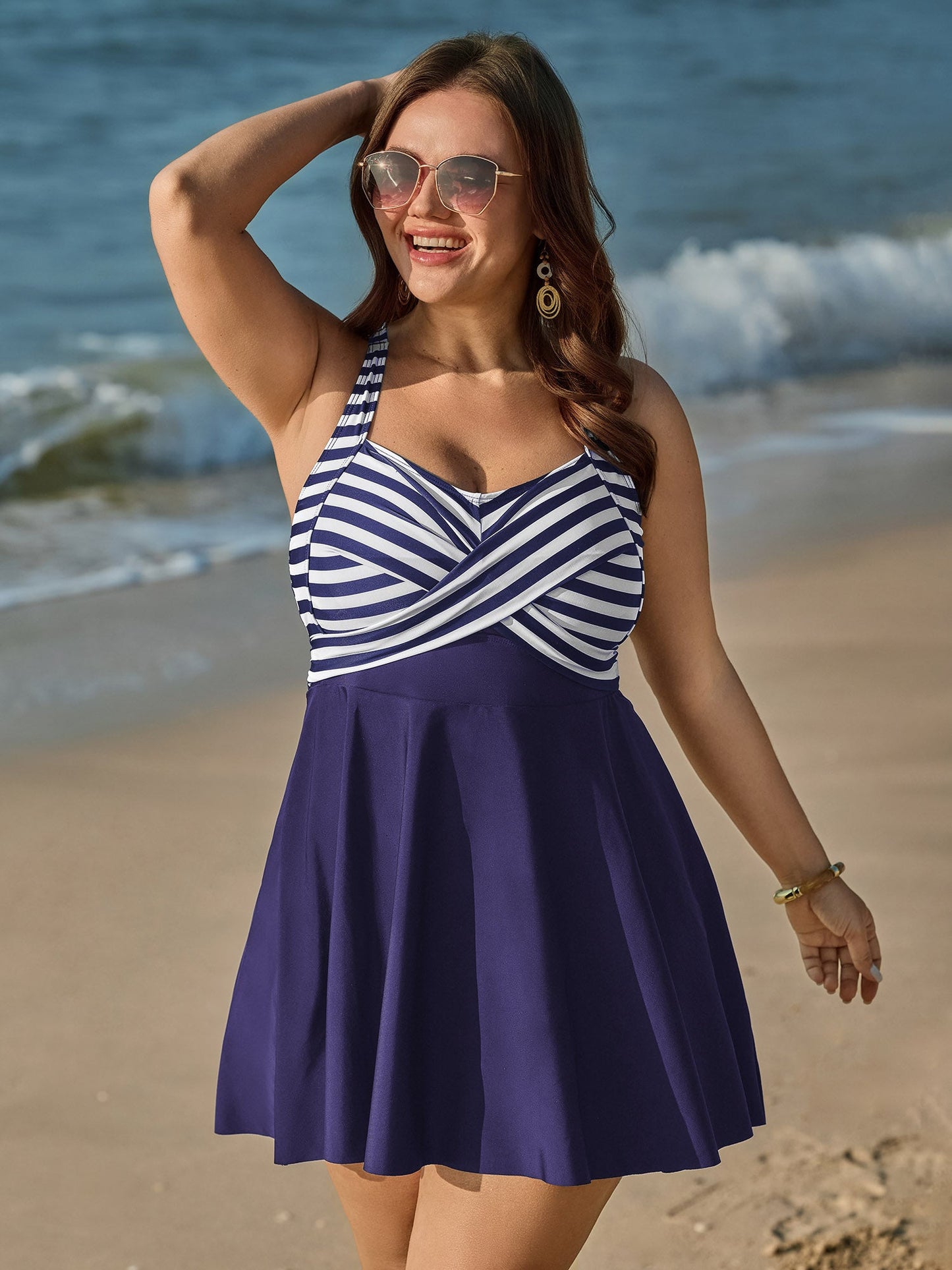 Striped Contrast Twist Front Swim Dress