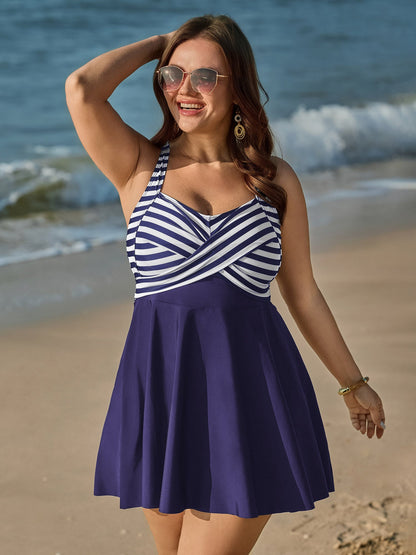 Striped Contrast Twist Front Swim Dress