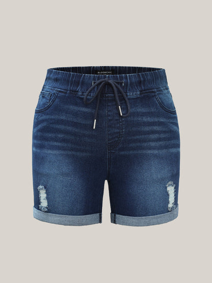 plus size  Pull-On Drawstring Elastic Waist Denim Shorts