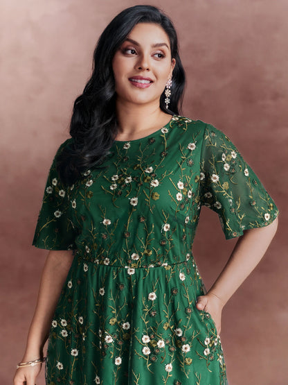Floral Embroidered Mesh Midi Dress
