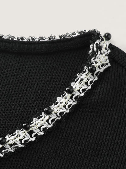 Beaded Neckline Stretchy Plain T-Shirt