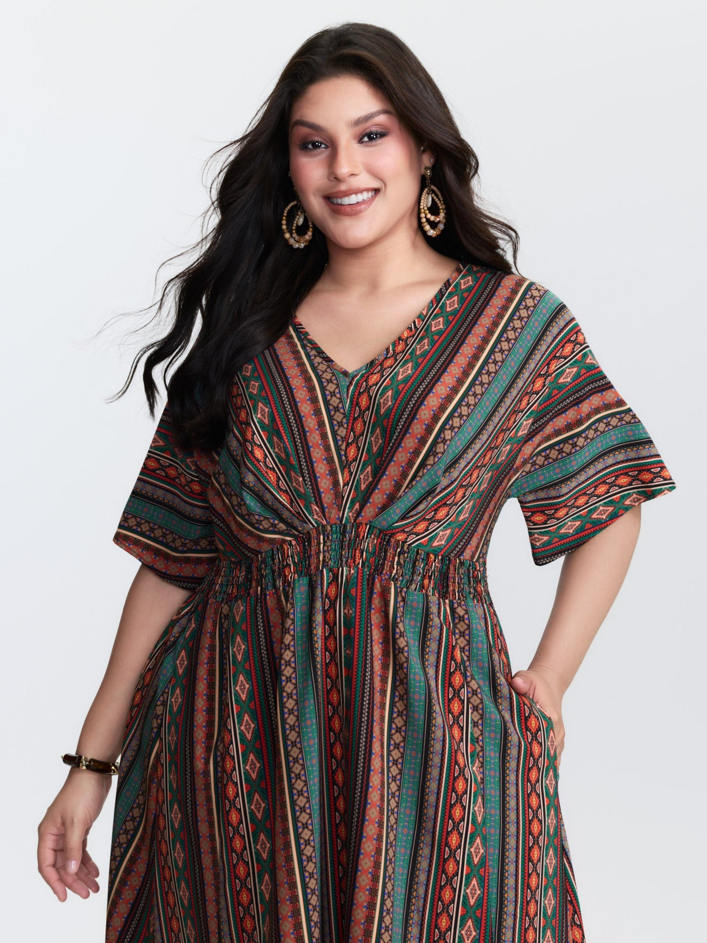 Boho Stripe Print Shirred Waist Midi Dress