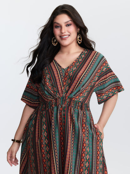 Boho Stripe Print Shirred Waist Midi Dress