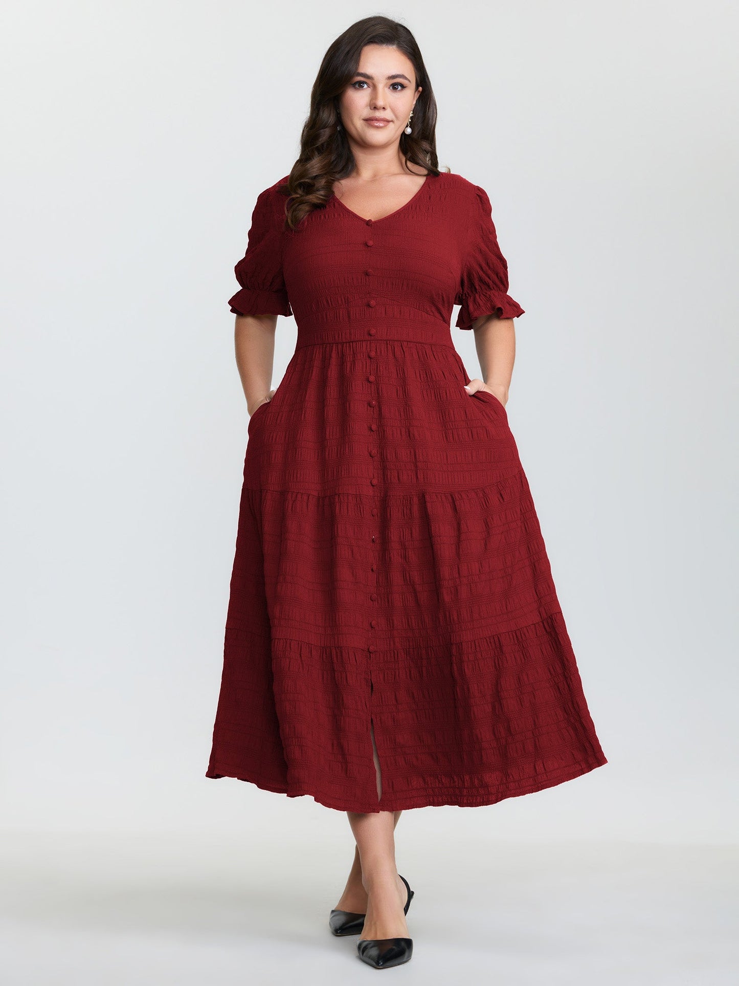 Textured Triangular Cinched-Waist Tiered Maxi Dress